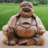 Wooden Happy Buddha Statue, Hand Carved From Suar Wood
