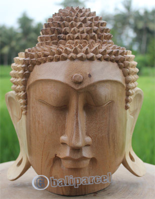 Wooden Buddha Head, Hand Carved From Suar Wood