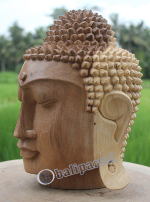 Wooden Buddha Head, Hand Carved From Suar Wood