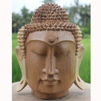 Wooden Buddha Head, Hand Carved From Suar Wood