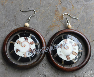 Wooden Earring, Made From Sono Wood With Shell