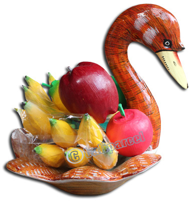 Wooden Duck Basket Fruit, Handcarved From Albesia Wood ( Include Fruit Inside )