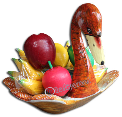 Wooden Duck Basket Fruit, Handcarved From Albesia Wood ( Include Fruit Inside )