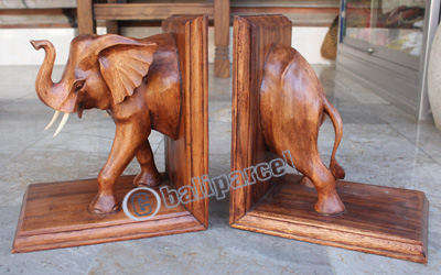 Wooden Elephant Bookend, Hand Carved From Suar Wood