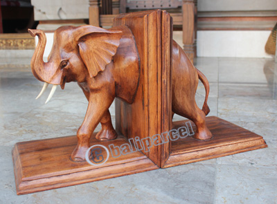 Wooden Elephant Bookend, Hand Carved From Suar Wood