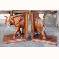 Wooden Elephant Bookend, Hand Carved From Suar Wood