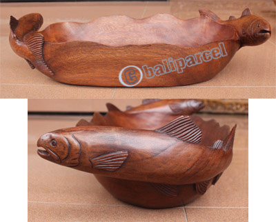 Wooden Salmon Fish Bowl, Hand Carved From Suar Wood