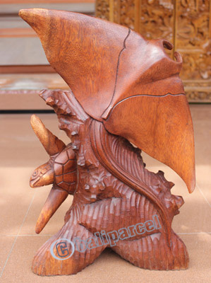 Wooden Turtle With Manta Ray, Hand Carved From Suar Wood