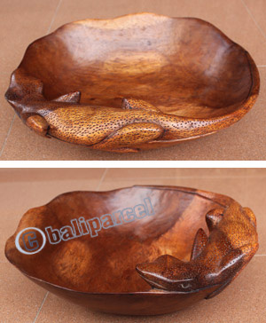 Wooden Bowl And Gecko, Hand Carved From  Suar Wood