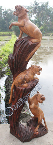 Wooden 3 Tigers, Hand Carved From Suar Wood