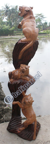 Wooden 3 Tigers, Hand Carved From Suar Wood