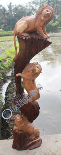 Wooden 3 Lions, Hand Carved From Suar Wood