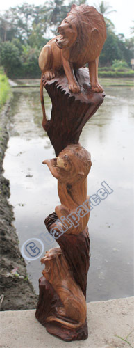 Wooden 3 Lions, Hand Carved From Suar Wood