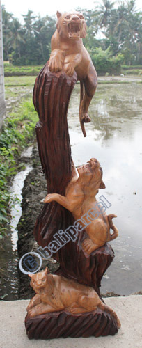 Wooden 3 Tigers, Hand Carved From Suar Wood