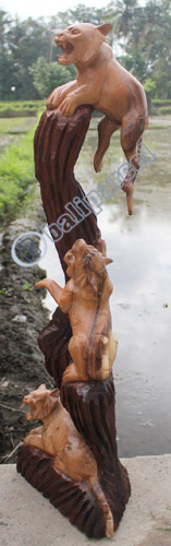Wooden 3 Tigers, Hand Carved From Suar Wood