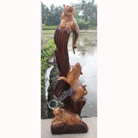 Wooden 3 Tigers, Hand Carved From Suar Wood