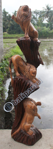 Wooden 3 Lions, Hand Carved From Suar Wood