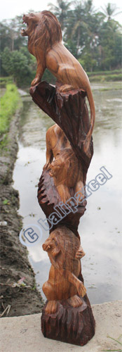 Wooden 3 Lions, Hand Carved From Suar Wood
