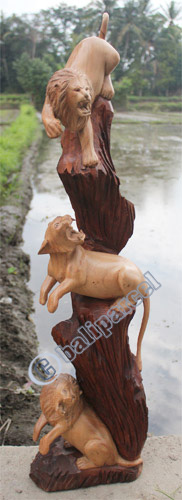 Wooden Lions With Tiger, Hand Carved From Suar Wood