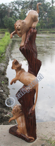 Wooden Lions With Tiger, Hand Carved From Suar Wood