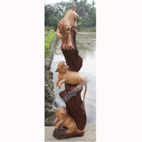 Wooden Lions With Tiger, Hand Carved From Suar Wood