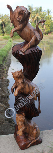 Wooden Lions With Tiger, Hand Carved From Suar Wood