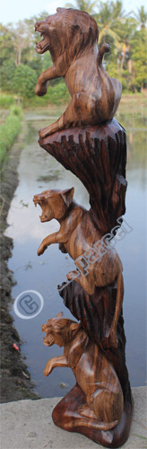 Wooden Lions With Tiger, Hand Carved From Suar Wood
