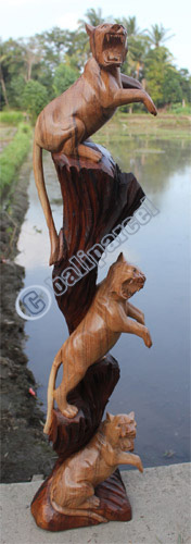 Wooden 3 Tigers, Hand Carved From Suar Wood