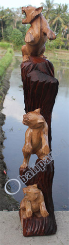 Wooden 3 Tigers, Hand Carved From Suar Wood