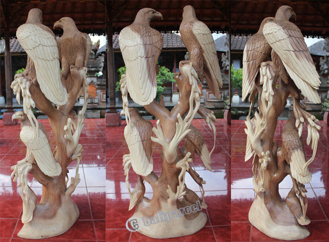 Wooden 2 Eagles With 4 Babies, Hand Carved From Suar Wood