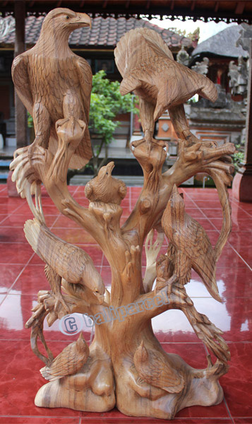 Wooden 2 Eagles With 5 Babies, Hand Carved From Suar Wood