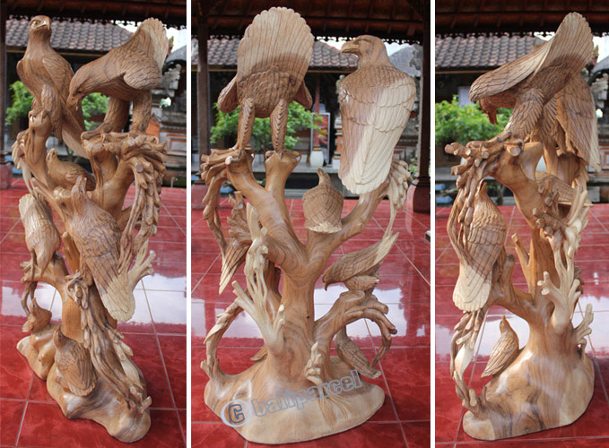 Wooden 2 Eagles With 5 Babies, Hand Carved From Suar Wood