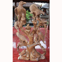 Wooden 2 Eagles With 5 Babies, Hand Carved From Suar Wood