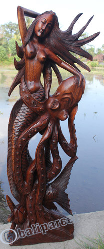 Wooden Octopus And Mermaid, Hand Carved From Suar Wood