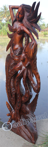 Wooden Octopus And Mermaid, Hand Carved From Suar Wood