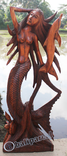 Wooden Mermaid With Dolphin And Turtle, Hand Carved From Suar Wood