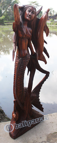 Wooden Mermaid With Dolphin And Turtle, Hand Carved From Suar Wood