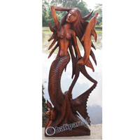 Wooden Mermaid With Dolphin And Turtle, Hand Carved From Suar Wood