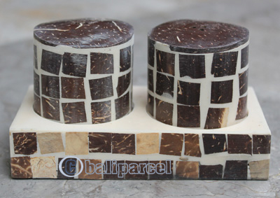 Salt And Pepper Shaker, Handmade From Resin Inlaid With Coconut Shell