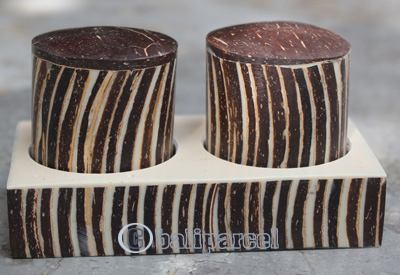 Salt And Pepper Shaker, Handmade From Resin Inlaid With Coconut Shell