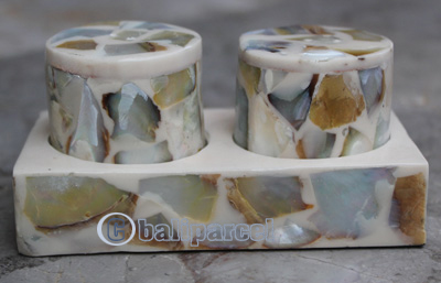 Salt And Pepper Shaker, Handmade From Resin Inlaid With Shell