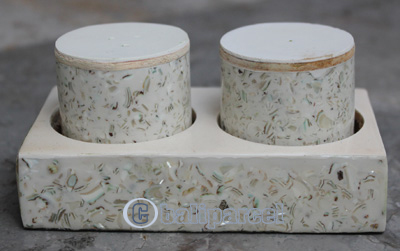 Salt And Pepper Shaker, Handmade From Resin Inlaid With Shell