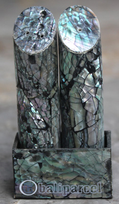 Salt And Pepper Shaker, Handmade From Resin Inlaid With Shell