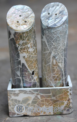Salt And Pepper Shaker, Handmade From Resin Inlaid With Shell