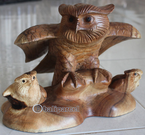 Wooden Owl With 2 Babies Natural, Hand Carved From Suar Wood