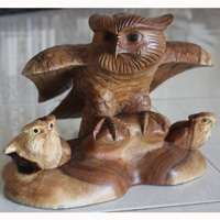 Wooden Owl With 2 Babies Natural, Hand Carved From Suar Wood