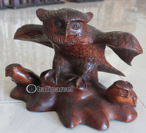 Wooden Owl With 2 Babies Brown, Hand Carved From Suar Wood