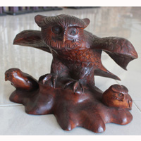 Wooden Owl With 2 Babies Brown, Hand Carved From Suar Wood