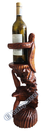 Wooden Turtle Wine Bottle Holder, Hand Carved From Hibiscus Wood
