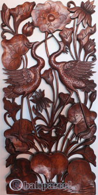 Wooden Wallhanging, Lotus And Crane, Made From Suar Wood